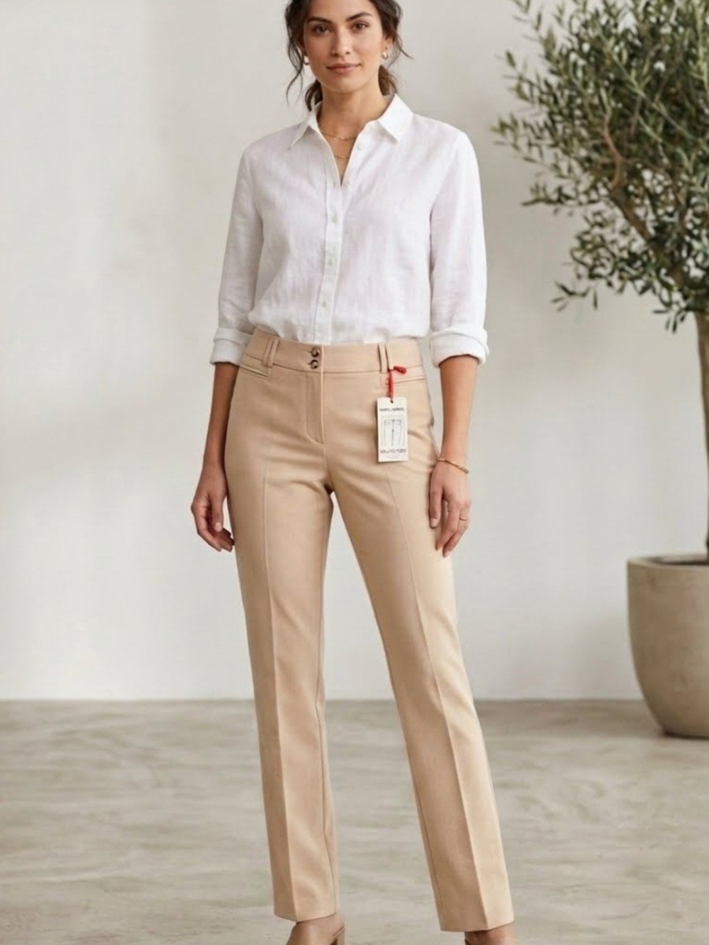 NWT Sz 12 Gerry Weber Stretch Straight-Leg Tailored Pants - Tan Classic Pockets